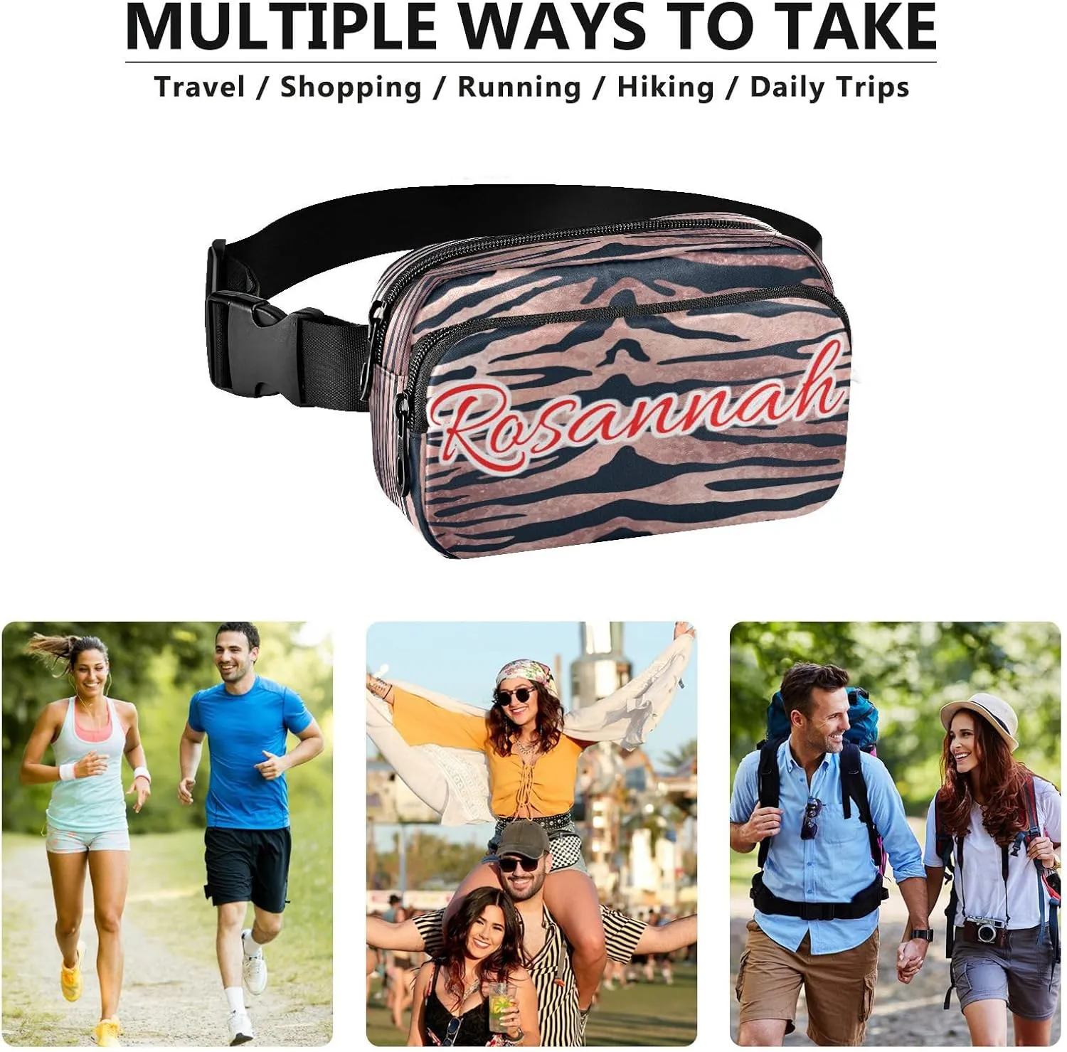 Custom Rose Gold Tiger Pattern Belt Bag for Women Men Wild Animal Fanny Pack Small Waist Pouch Crossbody Bags for Outdoor Hiking Running Travel