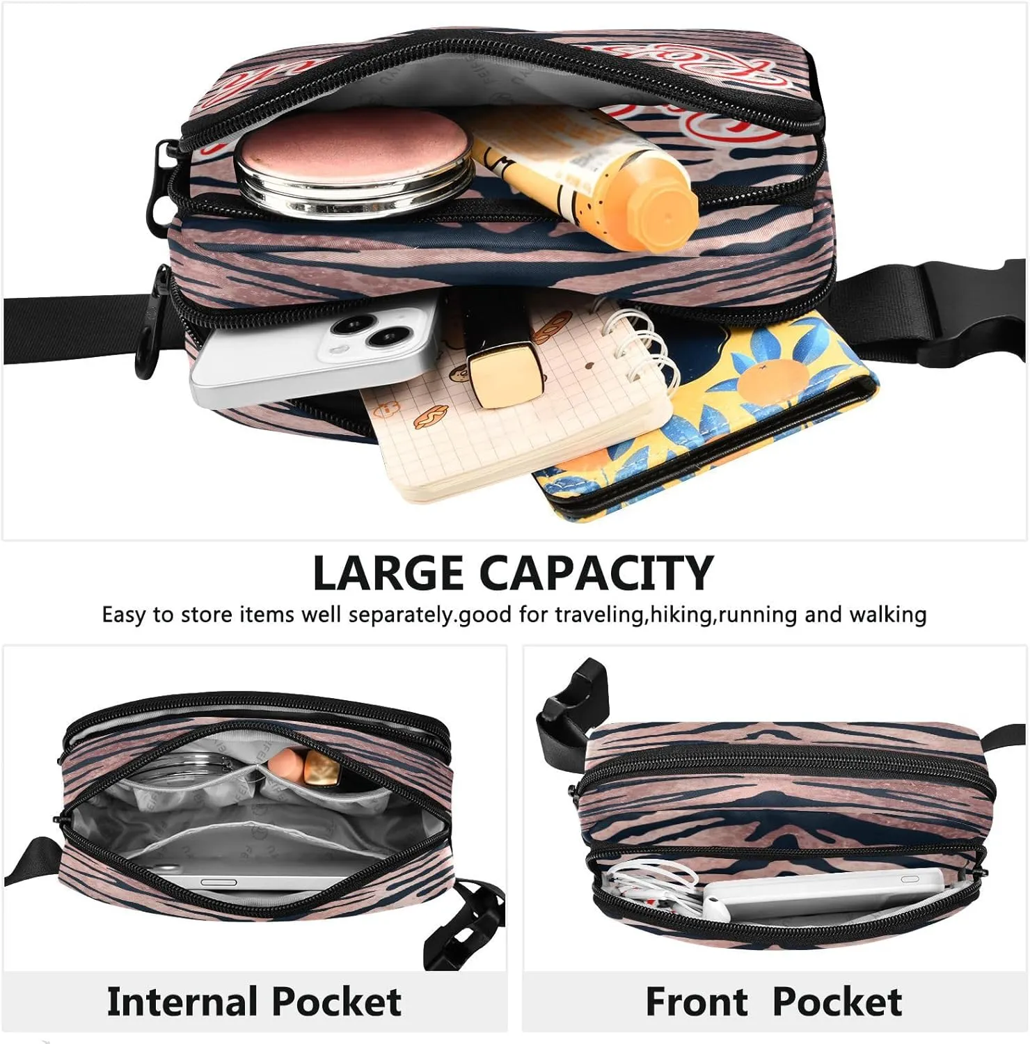 Custom Rose Gold Tiger Pattern Belt Bag for Women Men Wild Animal Fanny Pack Small Waist Pouch Crossbody Bags for Outdoor Hiking Running Travel