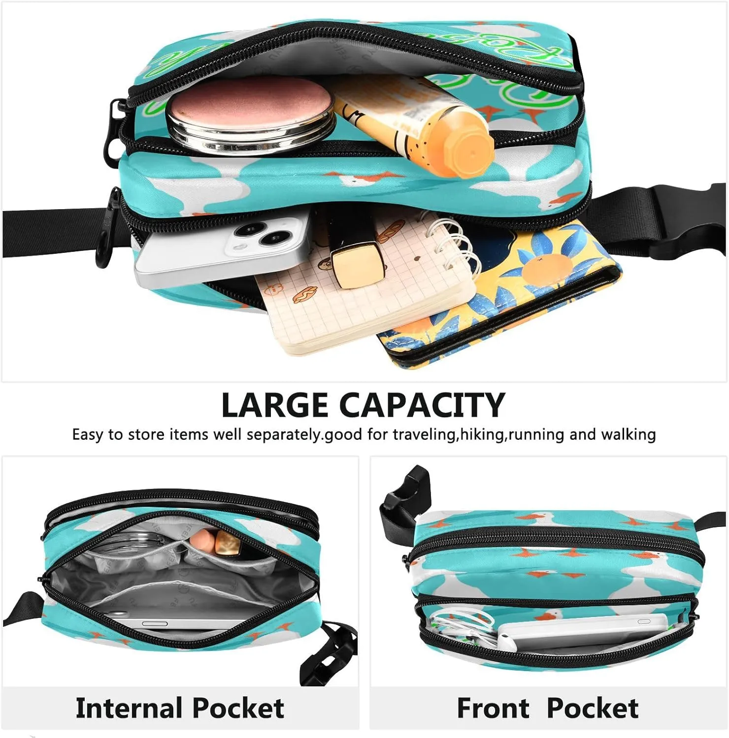 Custom White Goose Pattern Belt Bag for Women Men Fanny Pack Small Waist Pouch Crossbody Bags for Outdoor Hiking Running Travel
