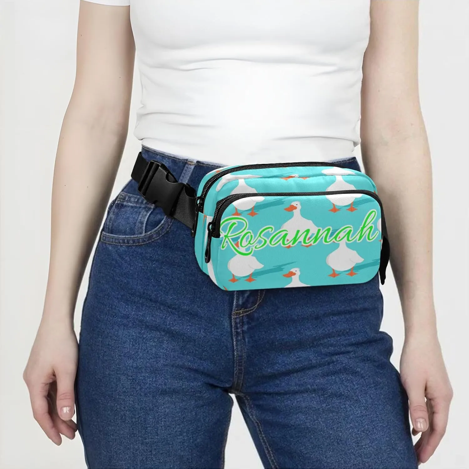 Custom White Goose Pattern Belt Bag for Women Men Fanny Pack Small Waist Pouch Crossbody Bags for Outdoor Hiking Running Travel