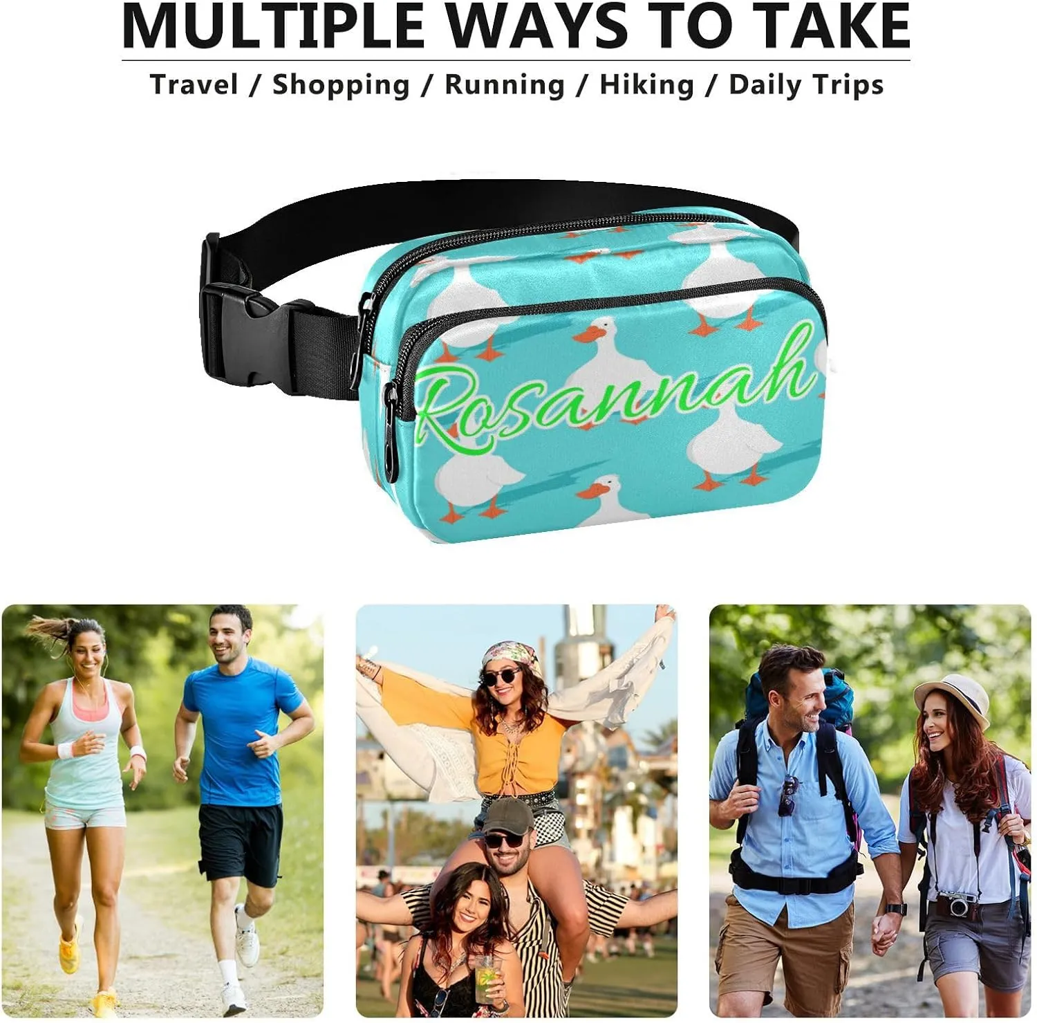 Custom White Goose Pattern Belt Bag for Women Men Fanny Pack Small Waist Pouch Crossbody Bags for Outdoor Hiking Running Travel