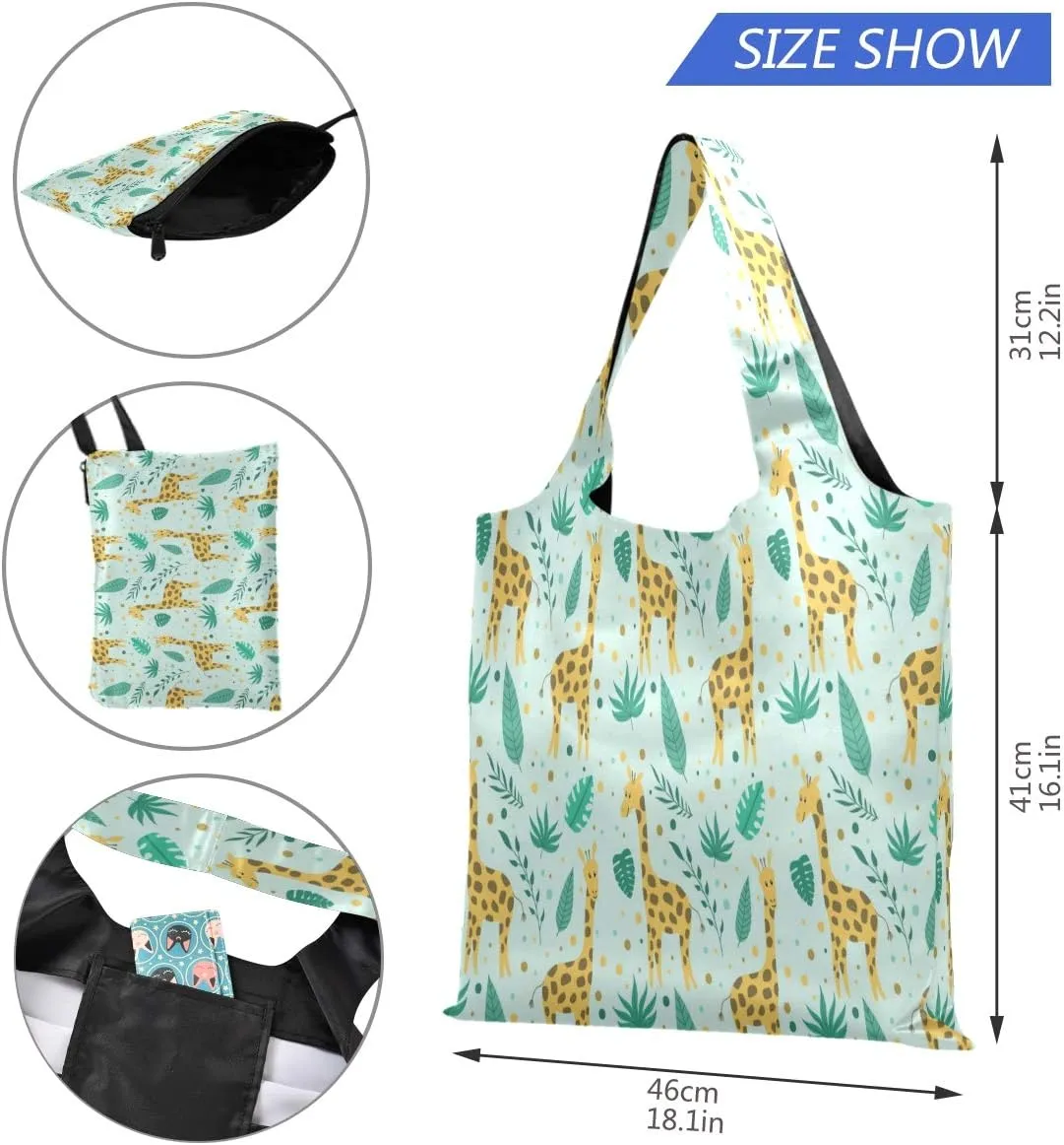 Cute Giraffe Pattern Reusable Shopping Bag, Ripstop Polyester Grocery Tote or Lunch Bag, Foldable Into Pouch