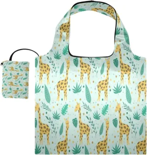 Cute Giraffe Pattern Reusable Shopping Bag, Ripstop Polyester Grocery Tote or Lunch Bag, Foldable Into Pouch