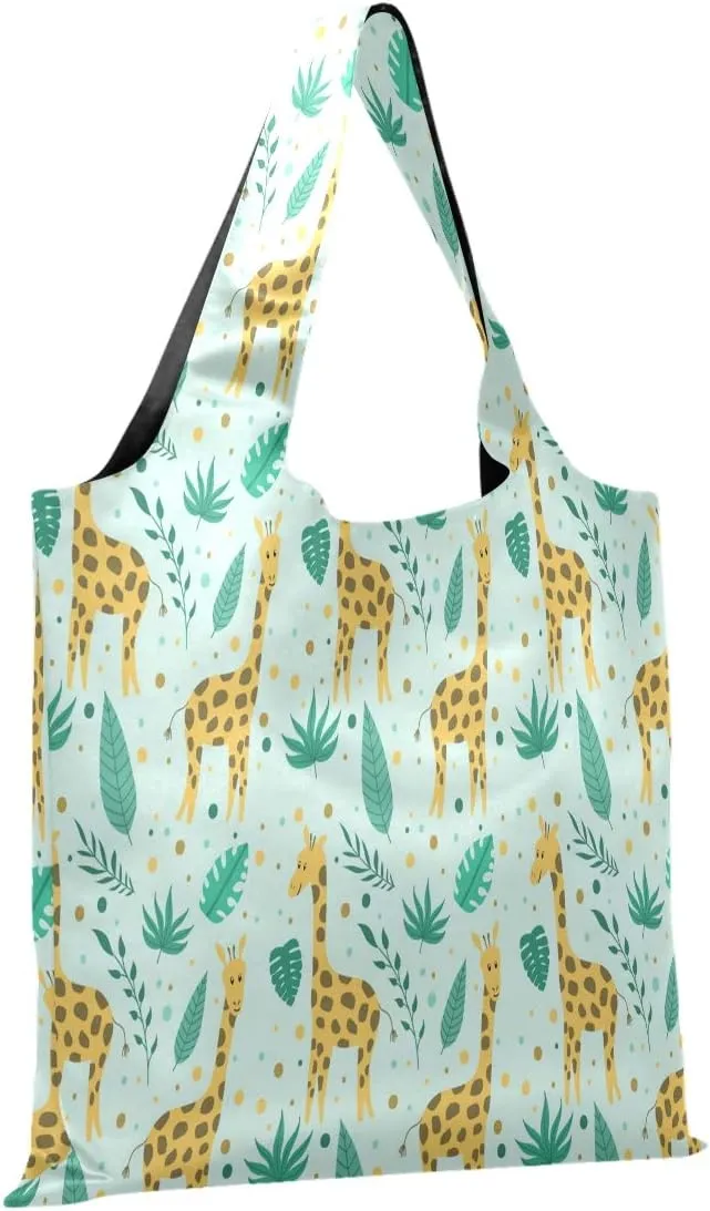 Cute Giraffe Pattern Reusable Shopping Bag, Ripstop Polyester Grocery Tote or Lunch Bag, Foldable Into Pouch