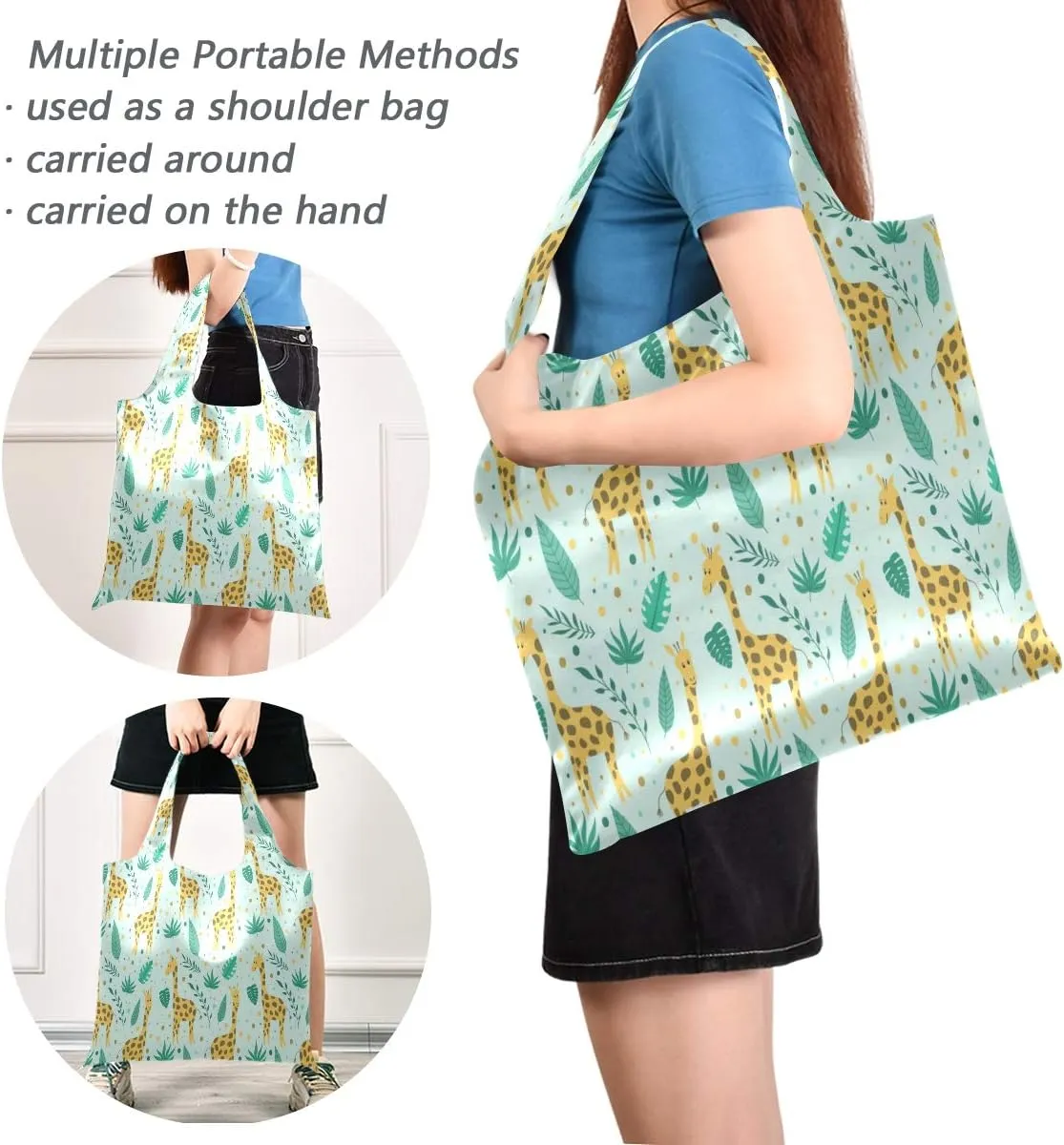 Cute Giraffe Pattern Reusable Shopping Bag, Ripstop Polyester Grocery Tote or Lunch Bag, Foldable Into Pouch
