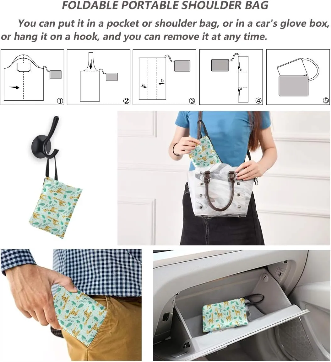 Cute Giraffe Pattern Reusable Shopping Bag, Ripstop Polyester Grocery Tote or Lunch Bag, Foldable Into Pouch
