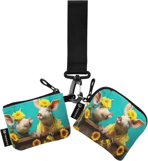 Cute Pigs and Sunflowers Zip Around Wristlet Wallet for Women Portable Detachable Dual Pocket Keychain Wallet Wrist Wallet