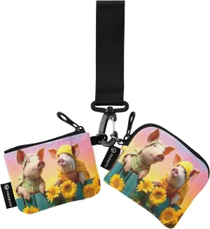 Cute Pigs and Sunflowers Zip Around Wristlet Wallet for Women Portable Detachable Dual Pocket Keychain Wallet Wrist Wallet