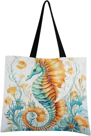 Cute Seahorse Tote Bag for Women Girl Canvas Shoulder Handbags Reusable Grocery Bags Large Purse with Inner Pocket 214a5536