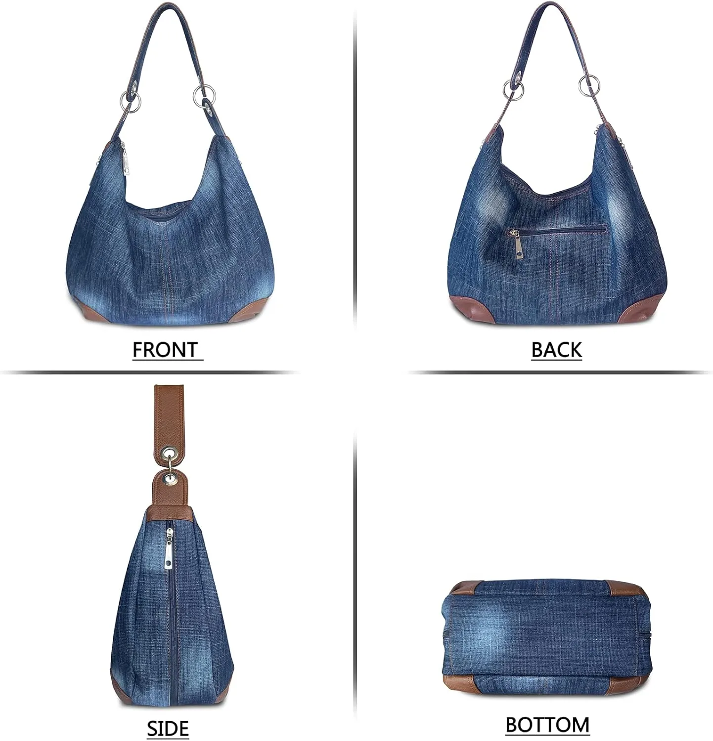 Denim Handbags for Women Jean Purse with Multiple Pockets Denim Blue Pocketbooks Tote Hobos Crossbody Bags