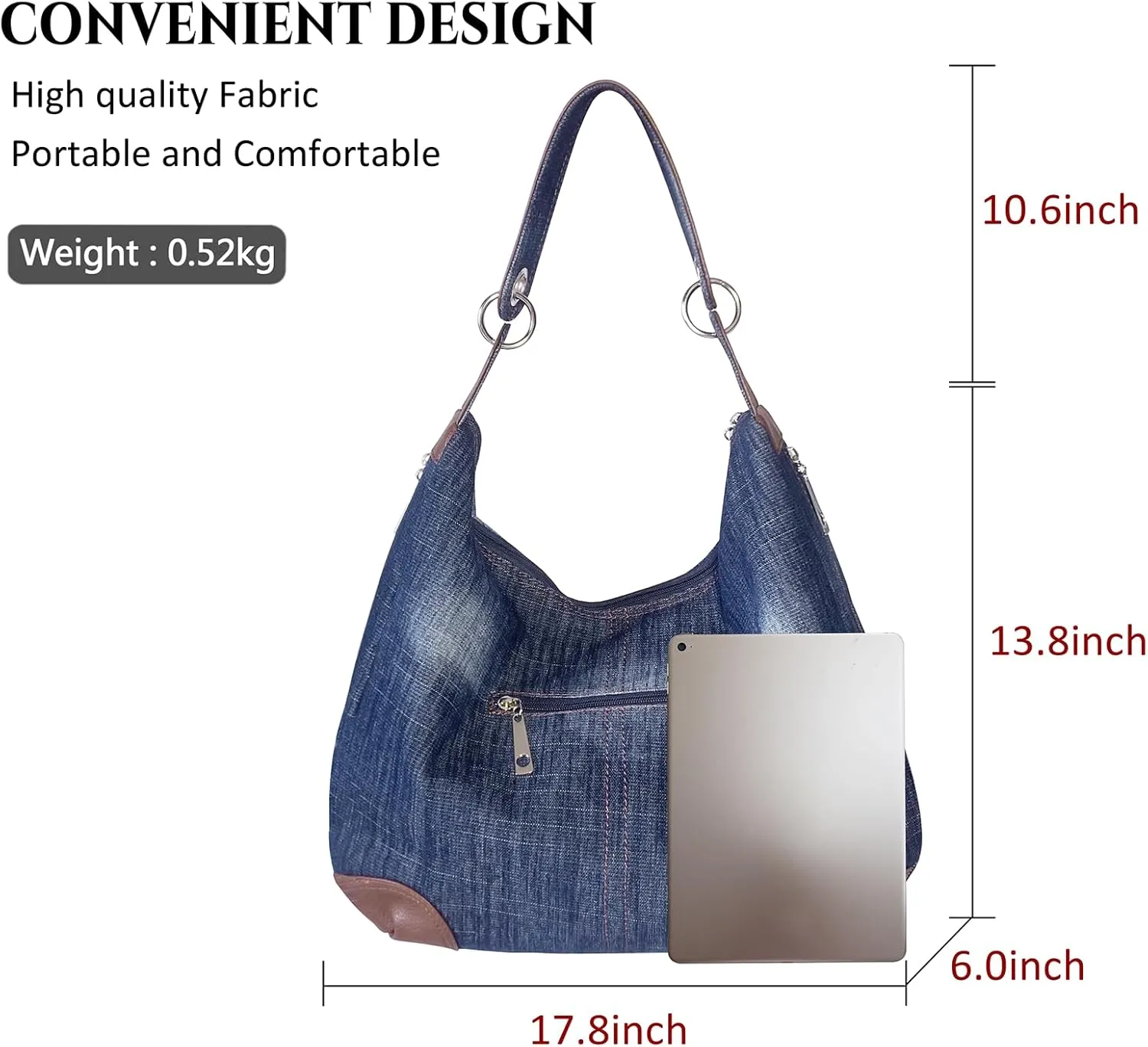Denim Handbags for Women Jean Purse with Multiple Pockets Denim Blue Pocketbooks Tote Hobos Crossbody Bags