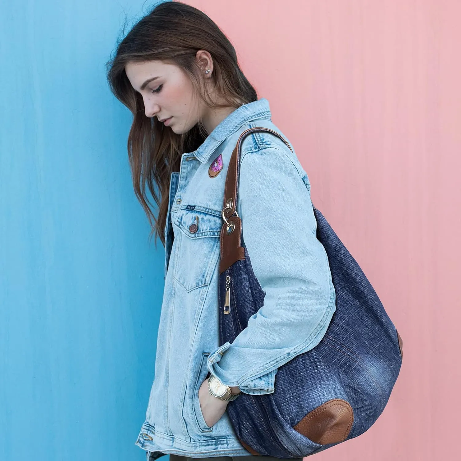 Denim Handbags for Women Jean Purse with Multiple Pockets Denim Blue Pocketbooks Tote Hobos Crossbody Bags