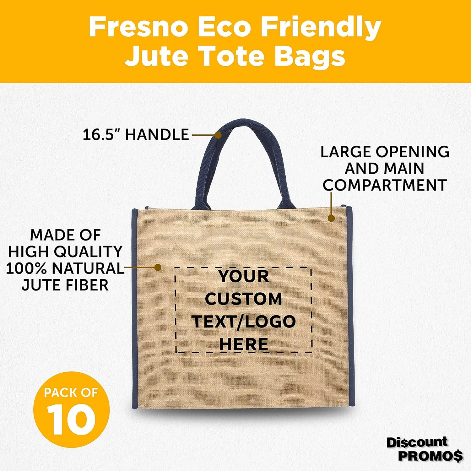 DISCOUNT PROMOS Custom Fresno Eco Friendly Jute Tote Bags Set of 10, Personalized Bulk Pack - Reusable, Great for Tradeshows, Grocery, Shopping and Outdoor Events - Blue