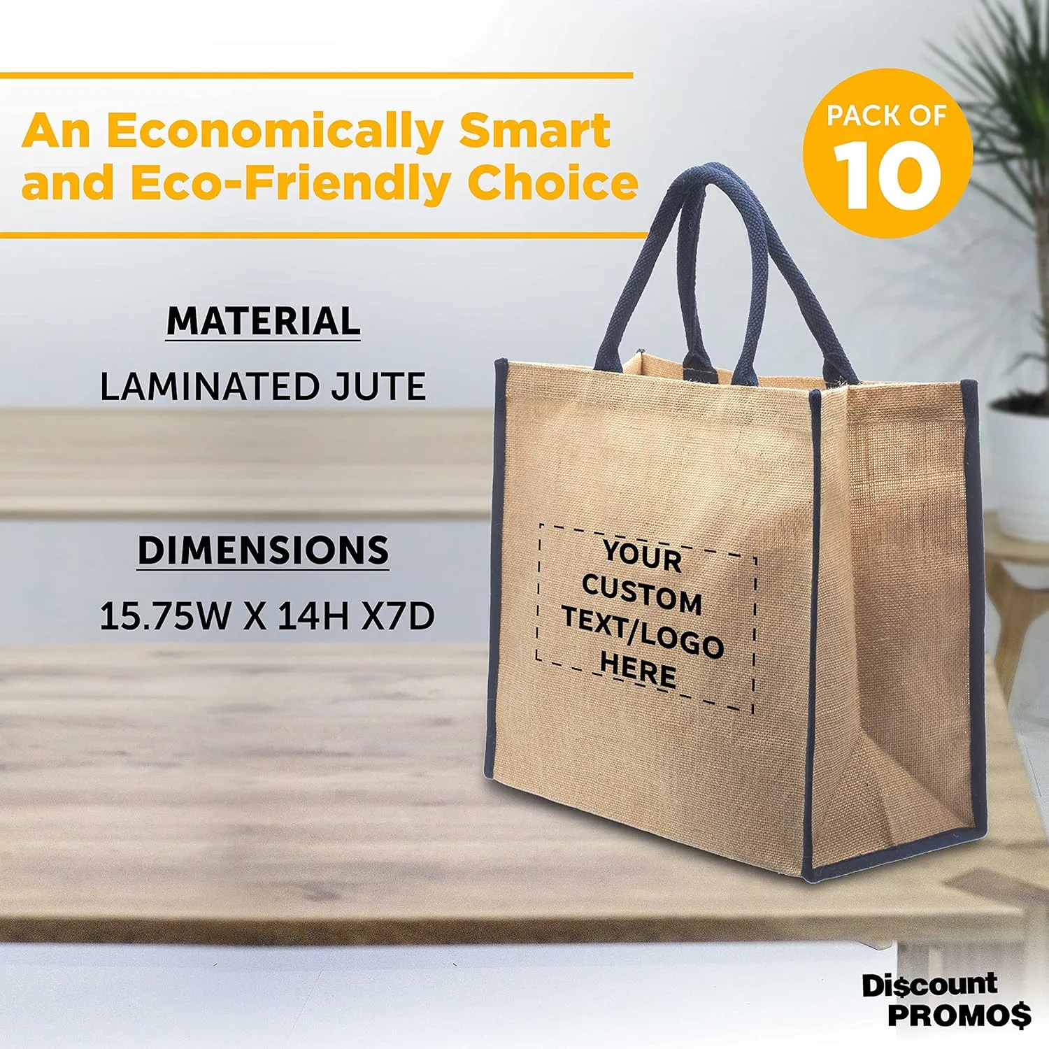 DISCOUNT PROMOS Custom Fresno Eco Friendly Jute Tote Bags Set of 10, Personalized Bulk Pack - Reusable, Great for Tradeshows, Grocery, Shopping and Outdoor Events - Blue