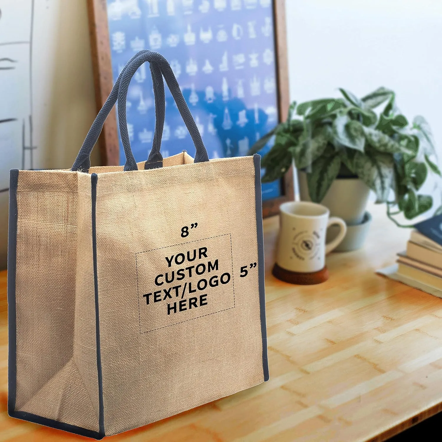 DISCOUNT PROMOS Custom Fresno Eco Friendly Jute Tote Bags Set of 10, Personalized Bulk Pack - Reusable, Great for Tradeshows, Grocery, Shopping and Outdoor Events - Blue