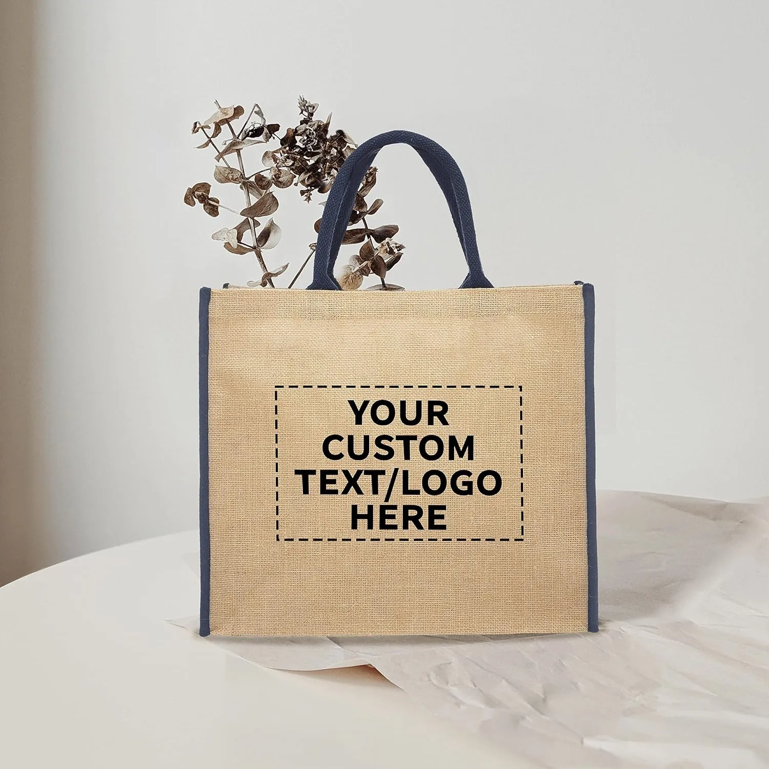DISCOUNT PROMOS Custom Fresno Eco Friendly Jute Tote Bags Set of 10, Personalized Bulk Pack - Reusable, Great for Tradeshows, Grocery, Shopping and Outdoor Events - Blue