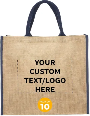 DISCOUNT PROMOS Custom Fresno Eco Friendly Jute Tote Bags Set of 10, Personalized Bulk Pack - Reusable, Great for Tradeshows, Grocery, Shopping and Outdoor Events - Blue