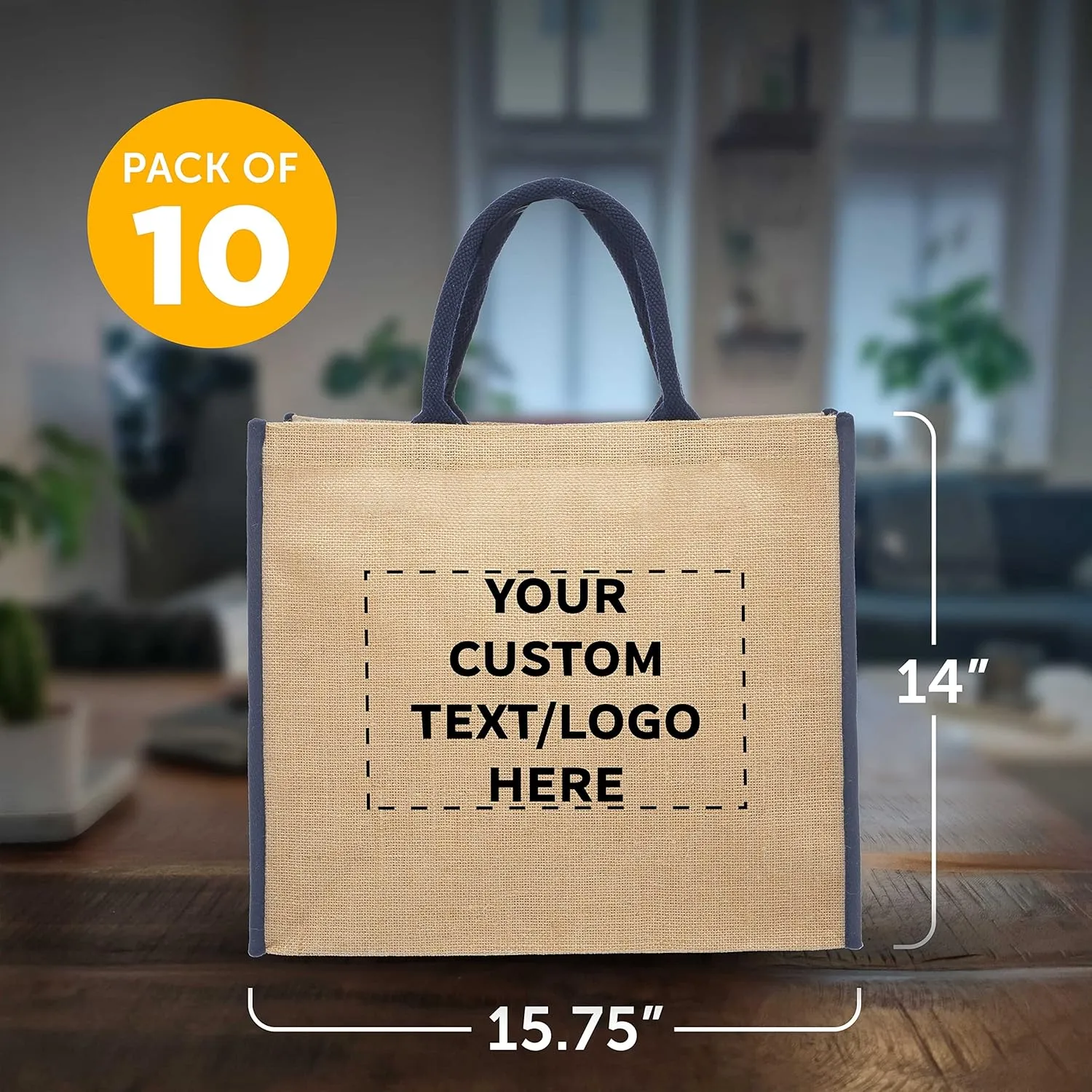 DISCOUNT PROMOS Custom Fresno Eco Friendly Jute Tote Bags Set of 10, Personalized Bulk Pack - Reusable, Great for Tradeshows, Grocery, Shopping and Outdoor Events - Blue