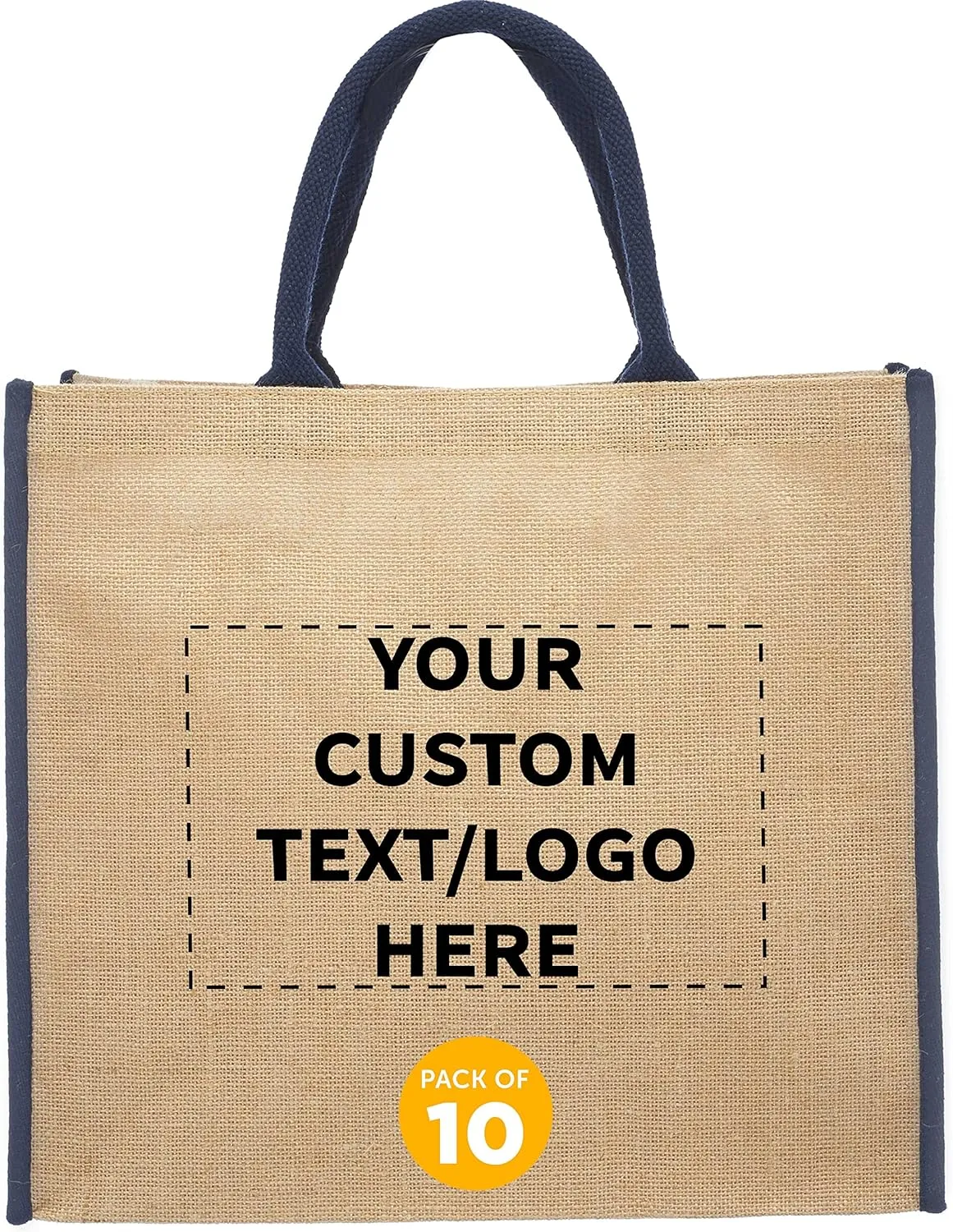 DISCOUNT PROMOS Custom Fresno Eco Friendly Jute Tote Bags Set of 10, Personalized Bulk Pack - Reusable, Great for Tradeshows, Grocery, Shopping and Outdoor Events - Blue