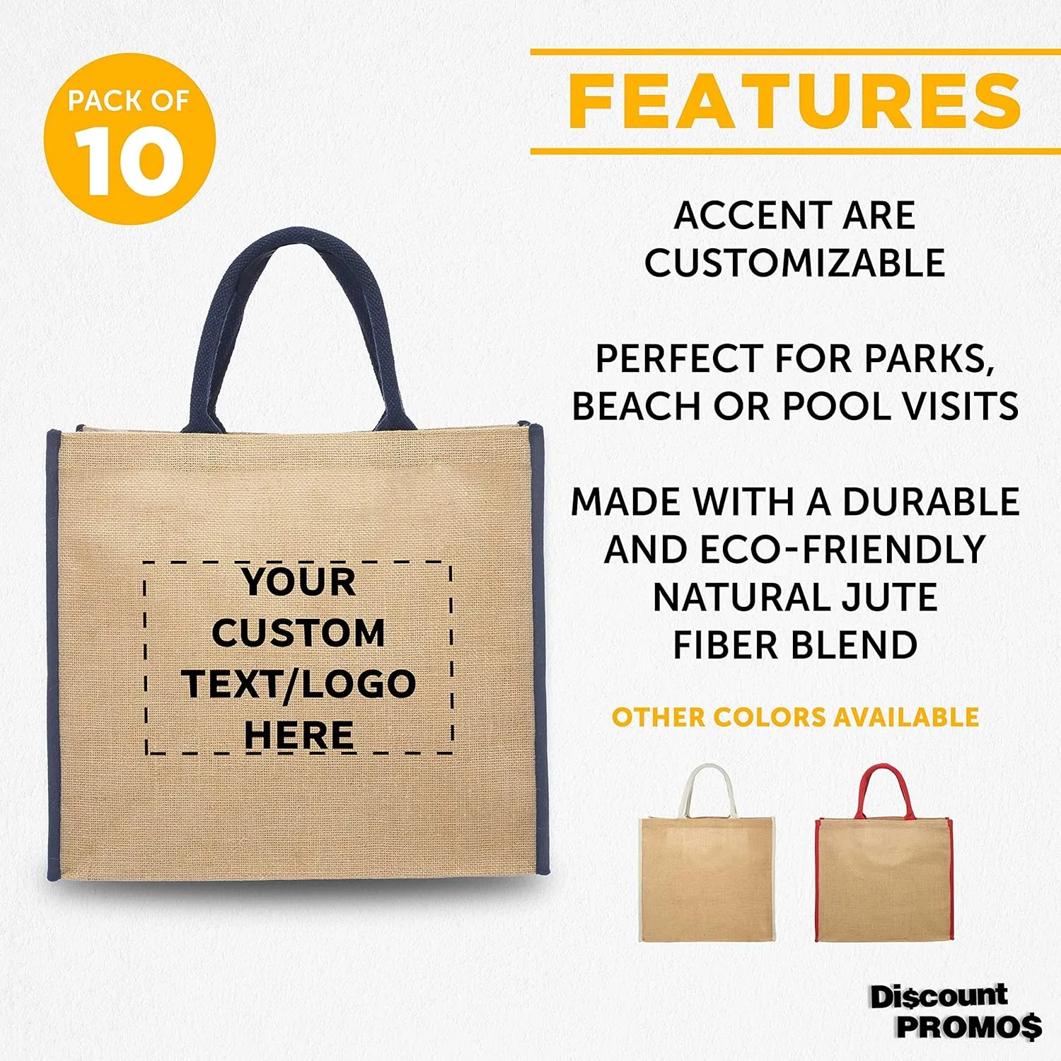 DISCOUNT PROMOS Custom Fresno Eco Friendly Jute Tote Bags Set of 10, Personalized Bulk Pack - Reusable, Great for Tradeshows, Grocery, Shopping and Outdoor Events - Blue