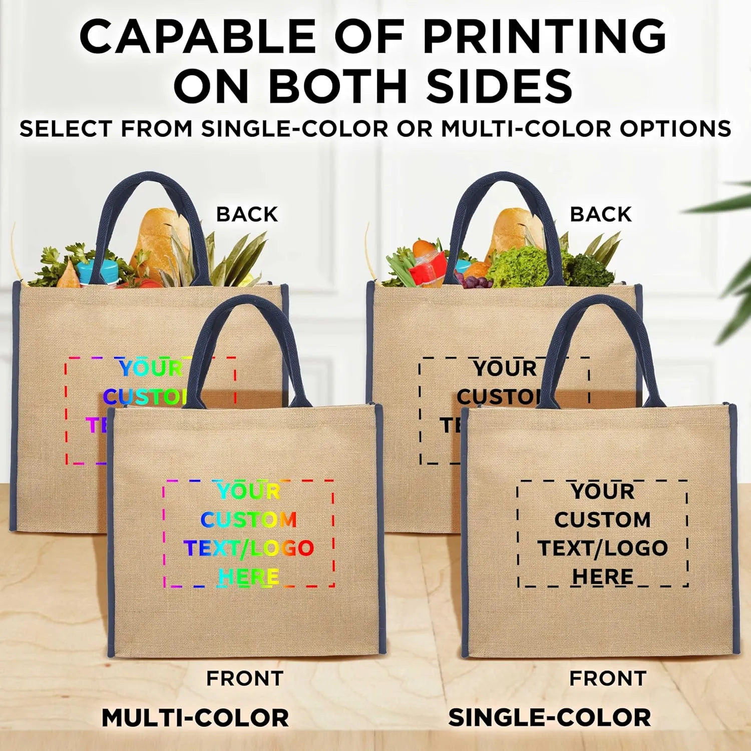 DISCOUNT PROMOS Custom Fresno Eco Friendly Jute Tote Bags Set of 10, Personalized Bulk Pack - Reusable, Great for Tradeshows, Grocery, Shopping and Outdoor Events - Blue