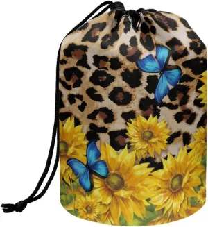 Dolyues Leopard Butterfly Makeup Bag Round Cylinder Drawstring Cosmetic Bag for Women Portable Travel Storage Pocket Large Bucket Toiletry Bag