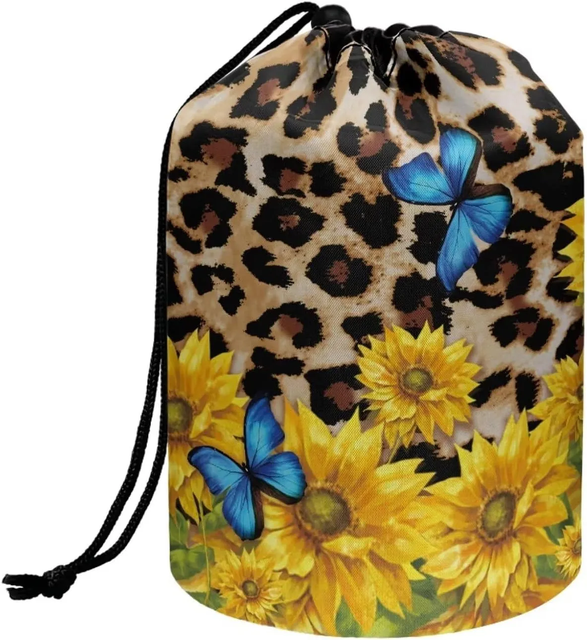 Dolyues Leopard Butterfly Makeup Bag Round Cylinder Drawstring Cosmetic Bag for Women Portable Travel Storage Pocket Large Bucket Toiletry Bag