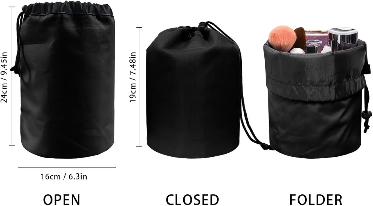 Dolyues Leopard Butterfly Makeup Bag Round Cylinder Drawstring Cosmetic Bag for Women Portable Travel Storage Pocket Large Bucket Toiletry Bag