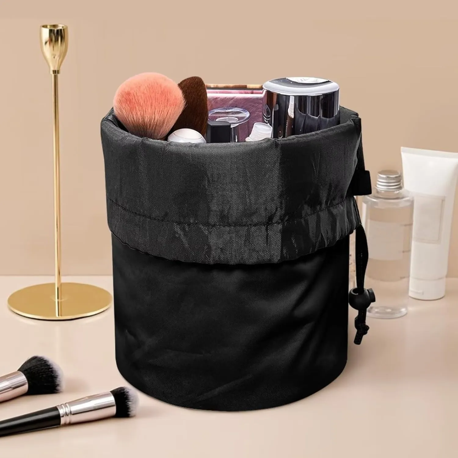 Dolyues Leopard Butterfly Makeup Bag Round Cylinder Drawstring Cosmetic Bag for Women Portable Travel Storage Pocket Large Bucket Toiletry Bag