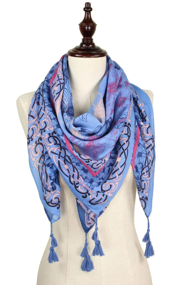 EAS9317 Flower Print Square Scarf with Tassel
