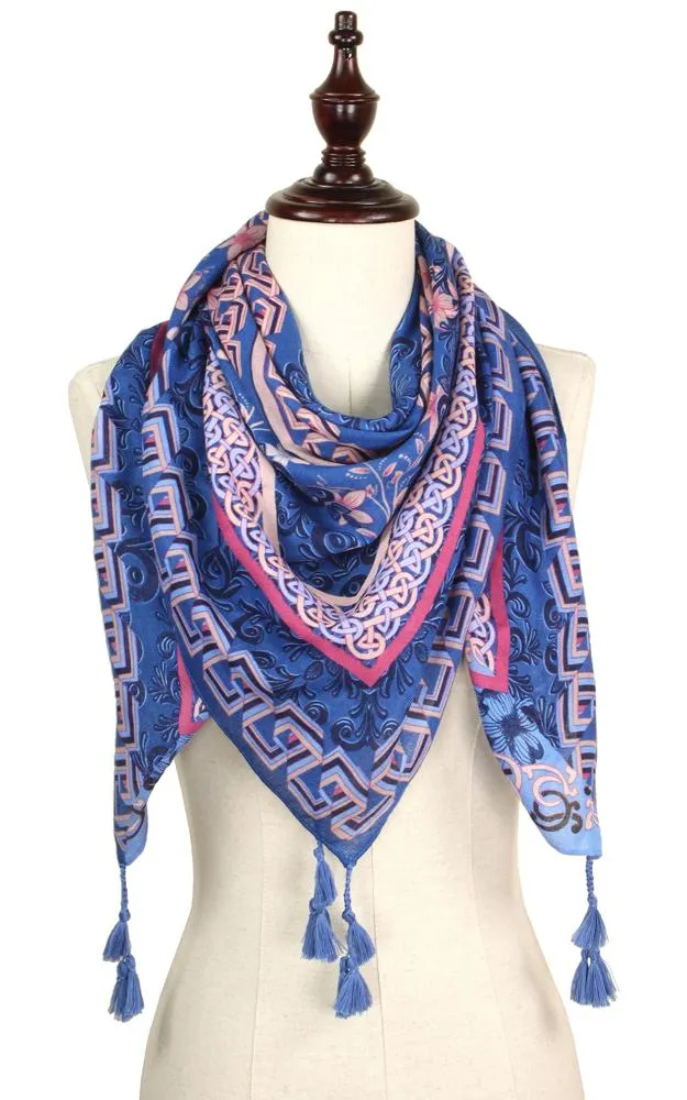 EAS9317 Flower Print Square Scarf with Tassel