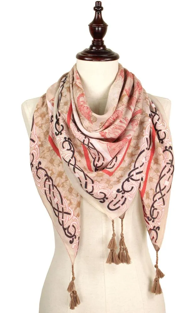 EAS9317 Flower Print Square Scarf with Tassel