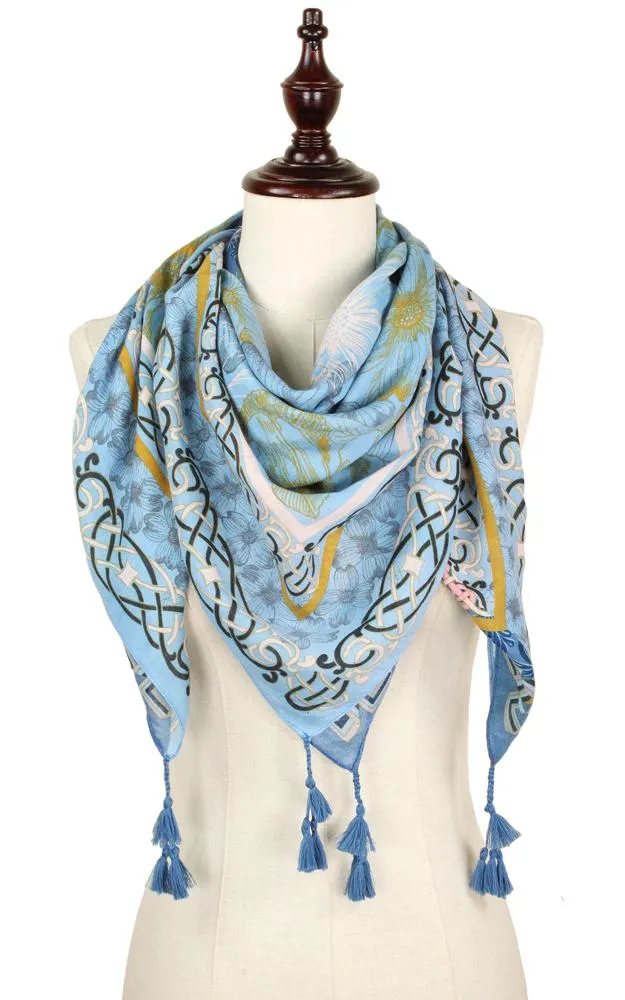 EAS9317 Flower Print Square Scarf with Tassel