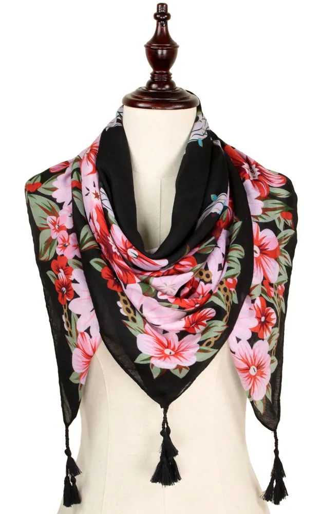 EAS9318 Flower Print Square Scarf with Tassel