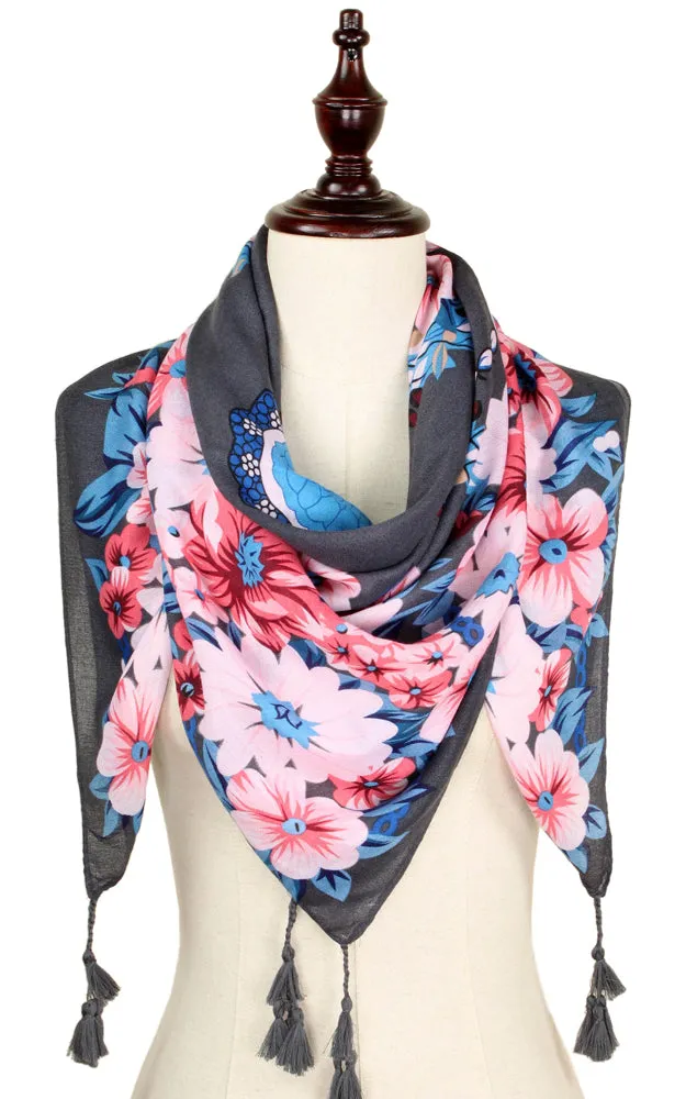 EAS9318 Flower Print Square Scarf with Tassel