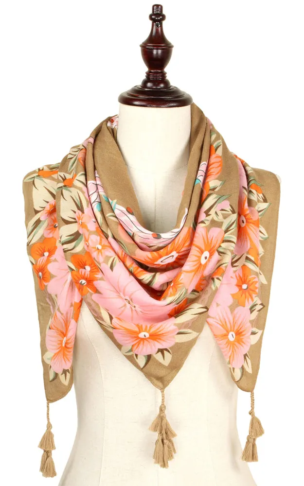 EAS9318 Flower Print Square Scarf with Tassel