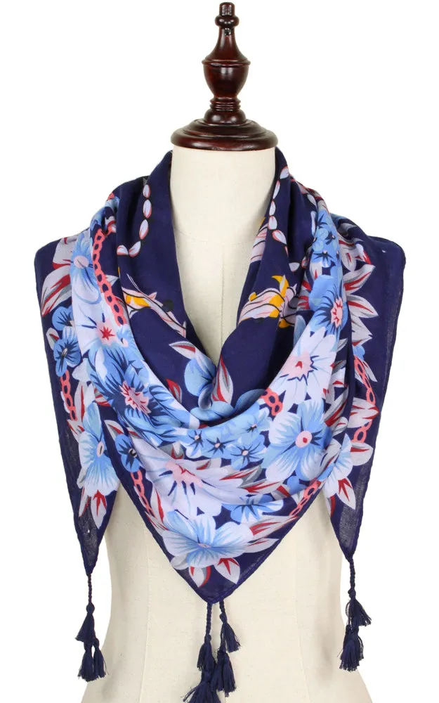 EAS9318 Flower Print Square Scarf with Tassel