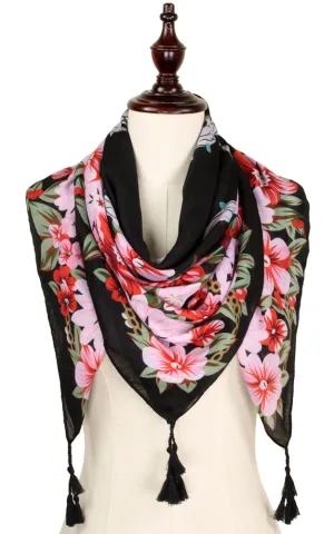 EAS9318 Flower Print Square Scarf with Tassel