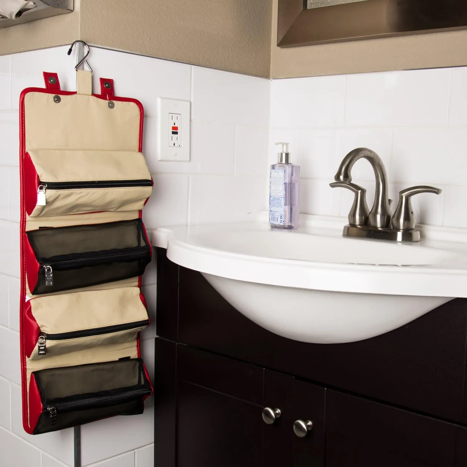 eBigValue ravel Hanging Toiletry Bag for Men Women Travel Kit Shaving Bag Waterproof Large Makeup Bag Wash Bag Makeup Organizer Cosmetic Case for Bathroom Shower, Medium, Beige/Wine