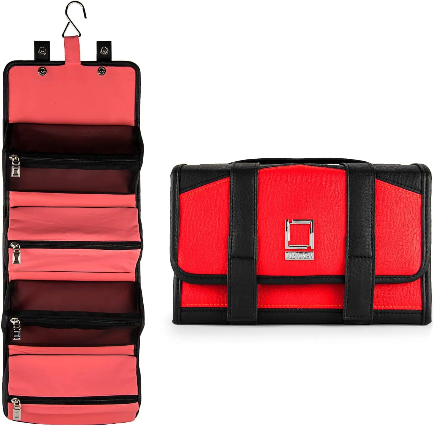 eBigValue ravel Hanging Toiletry Bag for Men Women Travel Kit Shaving Bag Waterproof Large Makeup Bag Wash Bag Makeup Organizer Cosmetic Case for Bathroom Shower, Medium, Red/Magenta