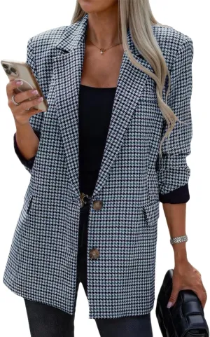 ebossy Women's Casual Oversized Blazer Suit Notch Lapel Button Plaid Work Office Jacket Wool Pea Coat