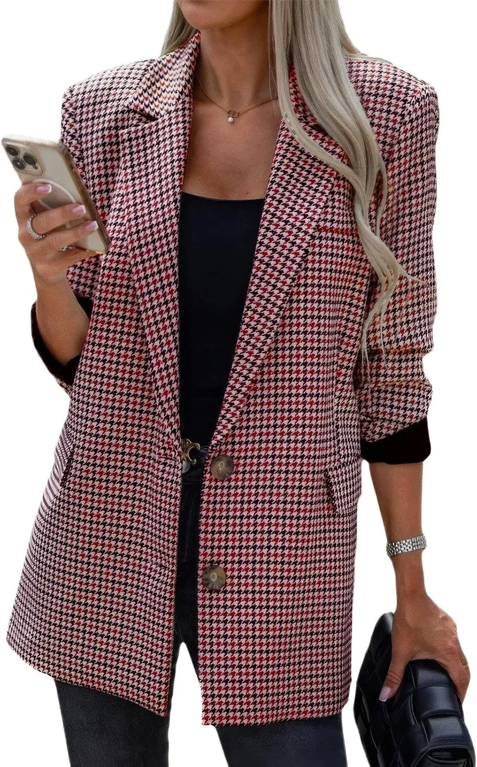 ebossy Women's Casual Oversized Blazer Suit Notch Lapel Button Plaid Work Office Jacket Wool Pea Coat