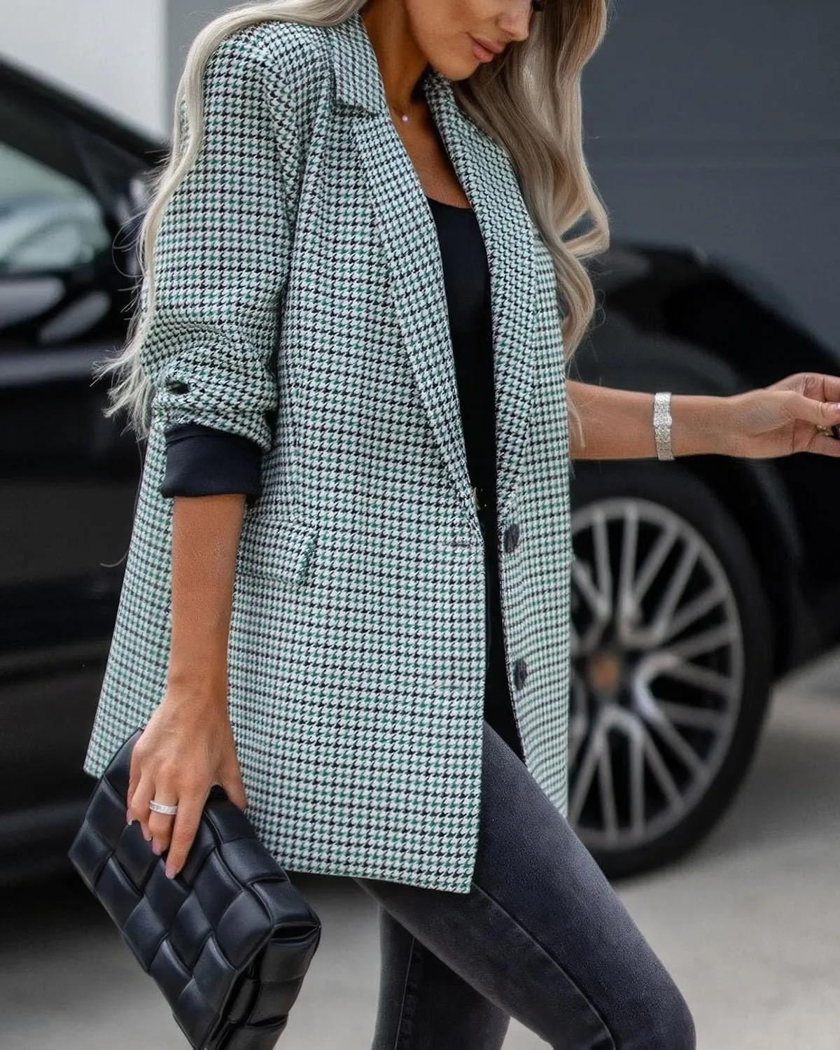 ebossy Women's Casual Oversized Blazer Suit Notch Lapel Button Plaid Work Office Jacket Wool Pea Coat