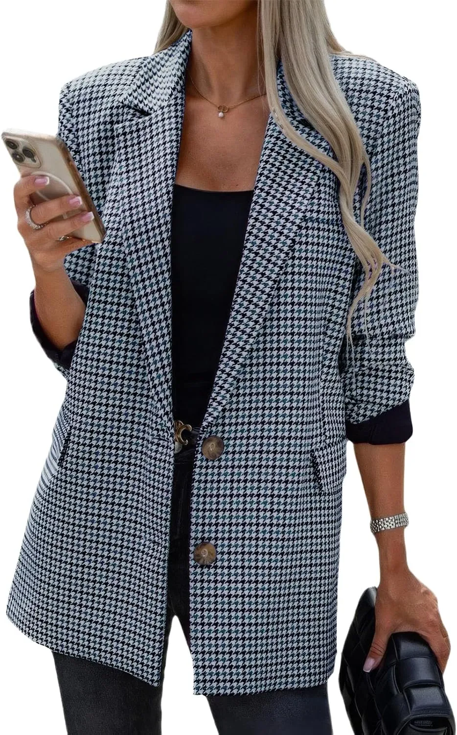 ebossy Women's Casual Oversized Blazer Suit Notch Lapel Button Plaid Work Office Jacket Wool Pea Coat