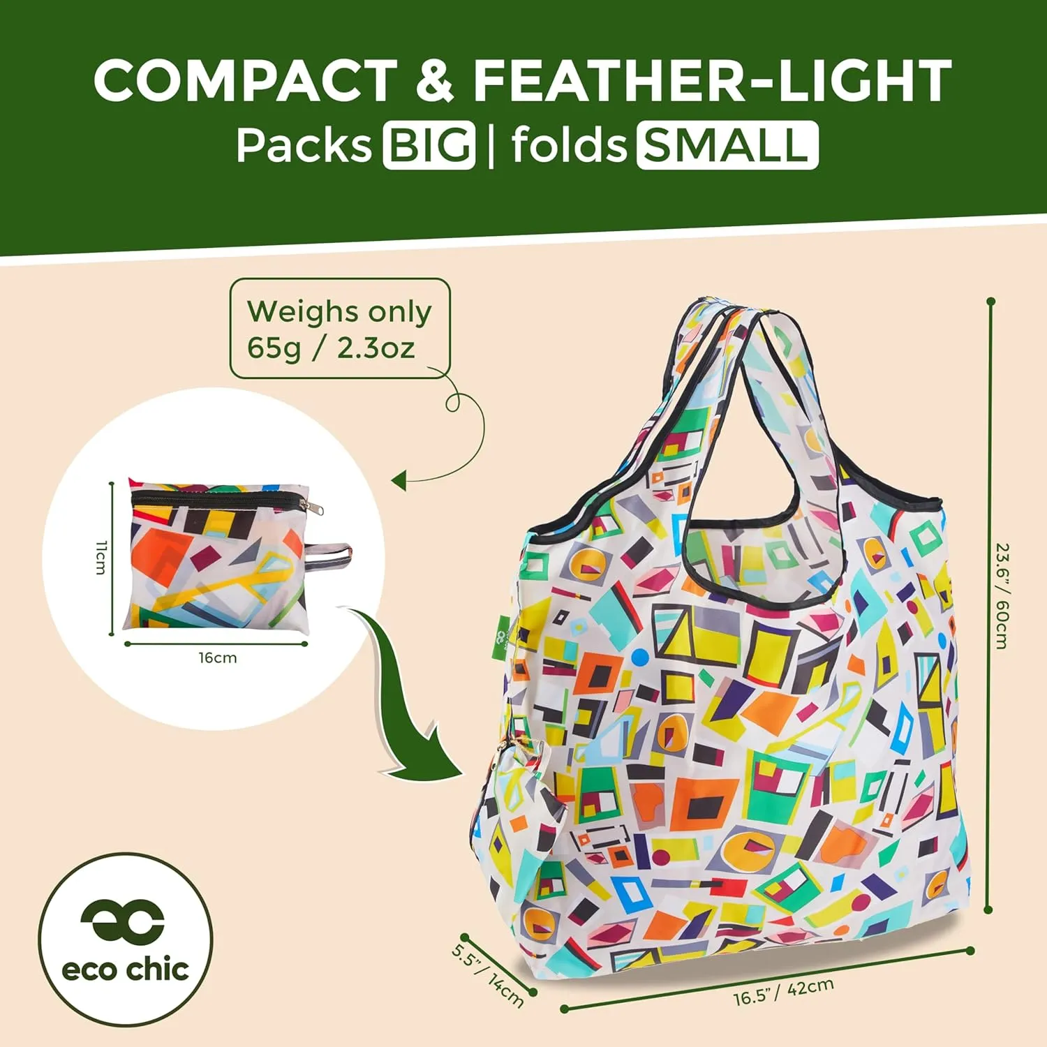 ECO CHIC Foldable Reusable Large Grocery Bags - Foldable Grocery Bags - Lightweight, Recycled & Reusable Shopping Bag - Waterproof, Packable Tote Fitting in Fine Grocery Bag Carrier