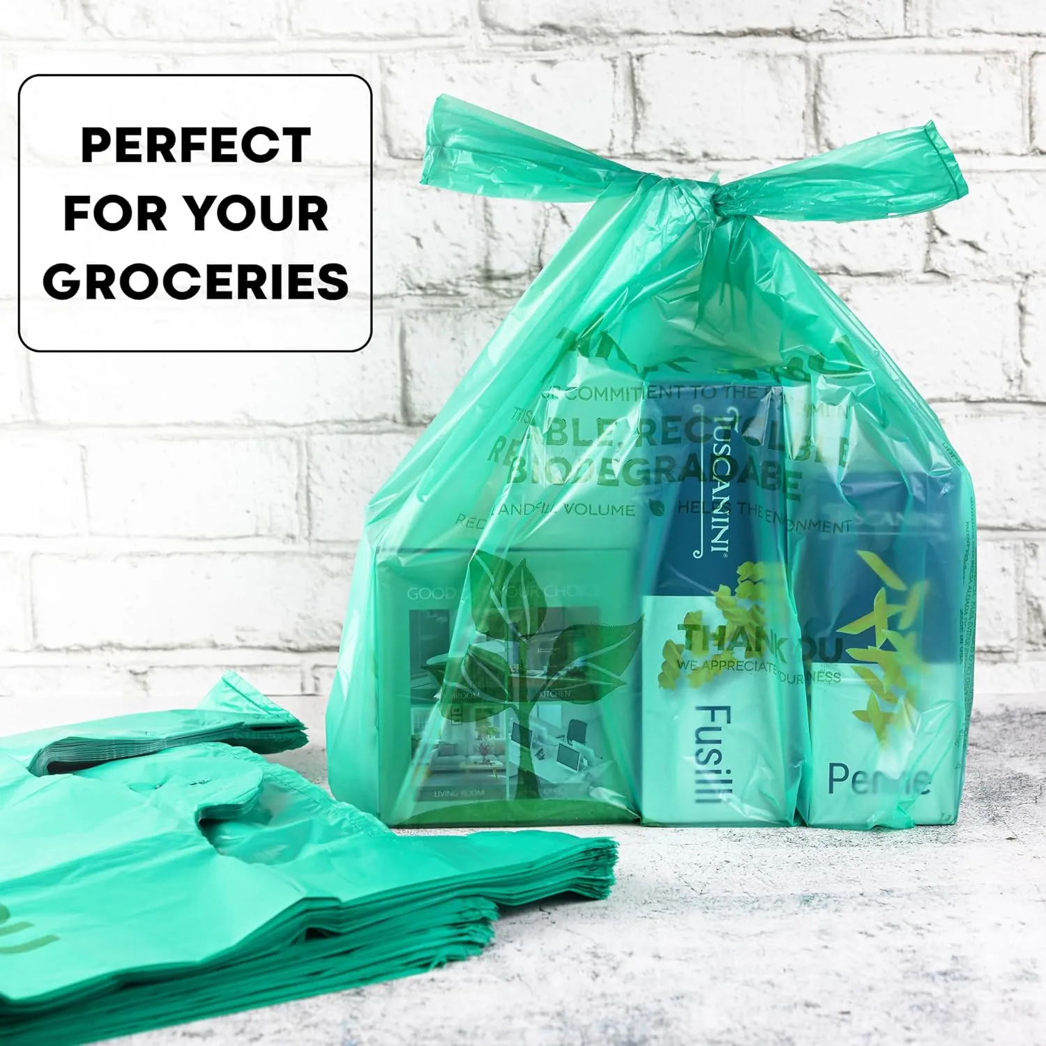 Eco Green Plastic Bags - 100 Count, Biodegradable, 22 x 12, Thank You & Carry Out