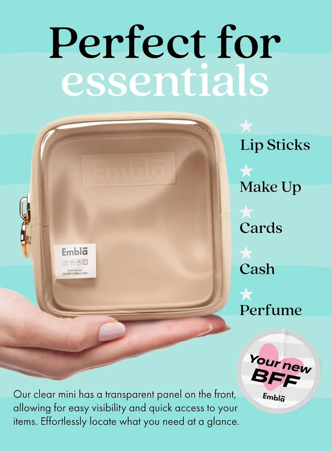 Embla Clear Cosmetic Bag Makeup Case, Clear Zipper Make Up Pouch and Toiletry Travel Tote, Cute Skincare Pouches for Women Girls, Preppy Purse Cosmetic Organizer, Mini Makeup Bags, Sand