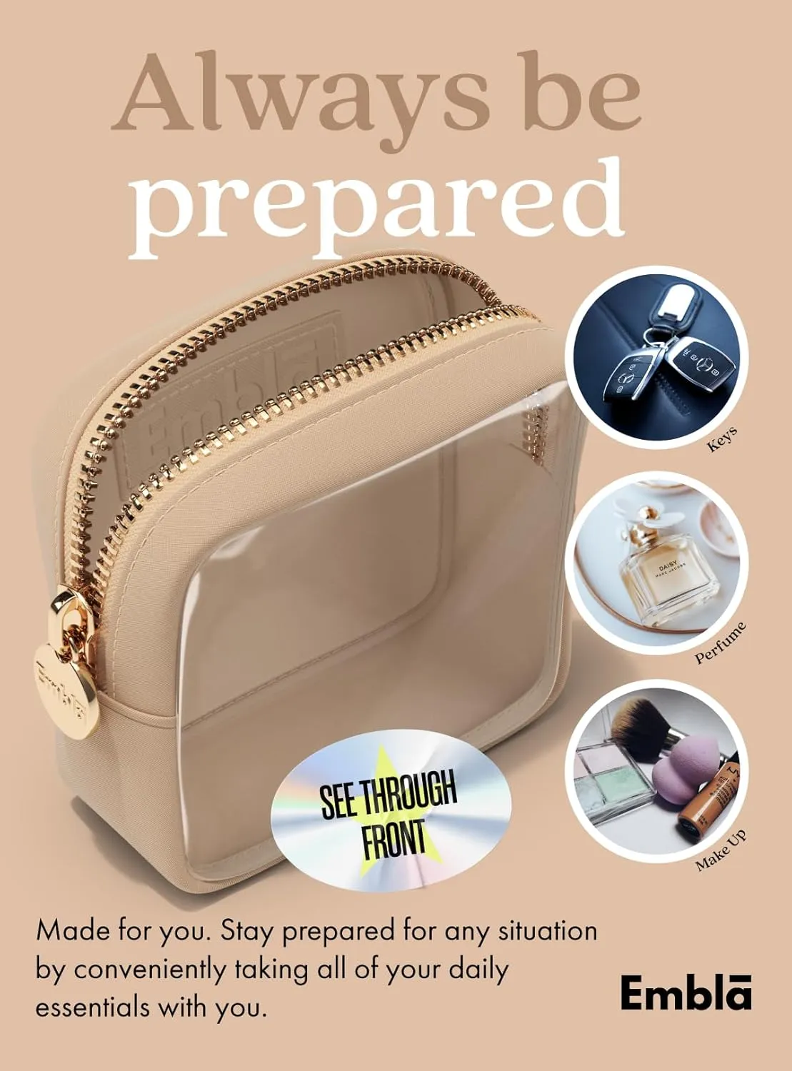 Embla Clear Cosmetic Bag Makeup Case, Clear Zipper Make Up Pouch and Toiletry Travel Tote, Cute Skincare Pouches for Women Girls, Preppy Purse Cosmetic Organizer, Mini Makeup Bags, Sand