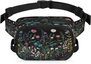 Embroidered Flowers Plants Fanny Packs for Women Men Waterproof Crossbody Belt Bag Casual Chest Bag Fashion Waist Bags with Adjustable Strap for Travel Running Hiking Fishing