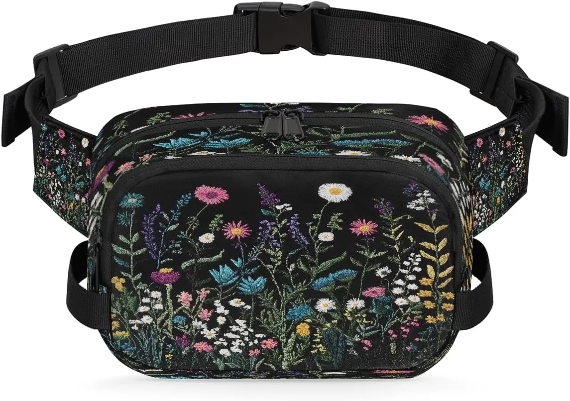 Embroidered Flowers Plants Fanny Packs for Women Men Waterproof Crossbody Belt Bag Casual Chest Bag Fashion Waist Bags with Adjustable Strap for Travel Running Hiking Fishing